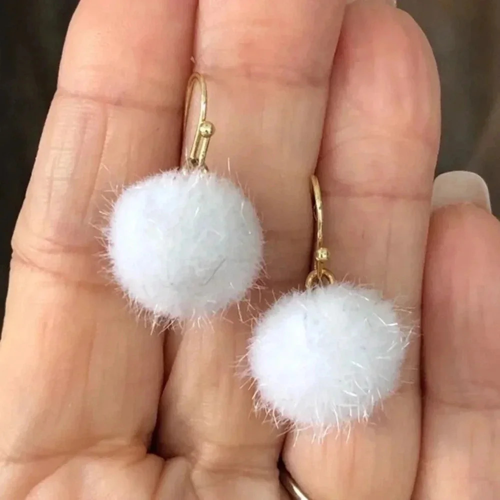 White Fuzzy Furry Pom Pom Drop Earrings NWT